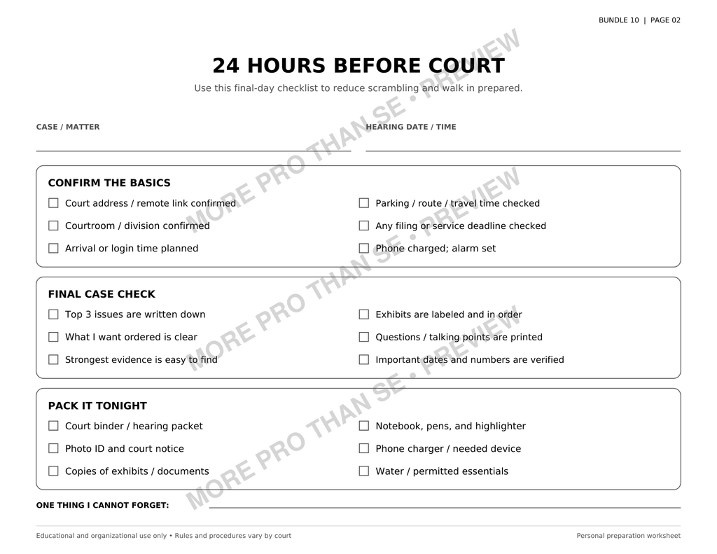 Watermarked 24 Hours Before Court checklist preview from Bundle 10