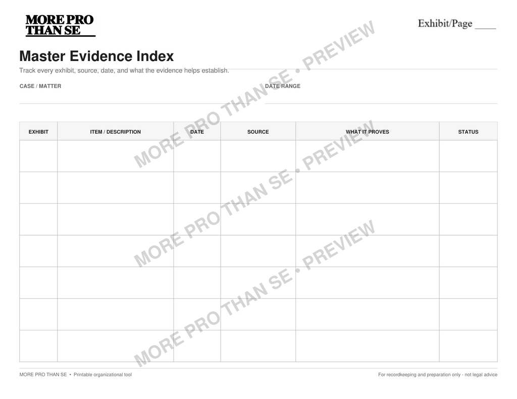 Watermarked Master Evidence Index worksheet preview from Evidence and Receipts