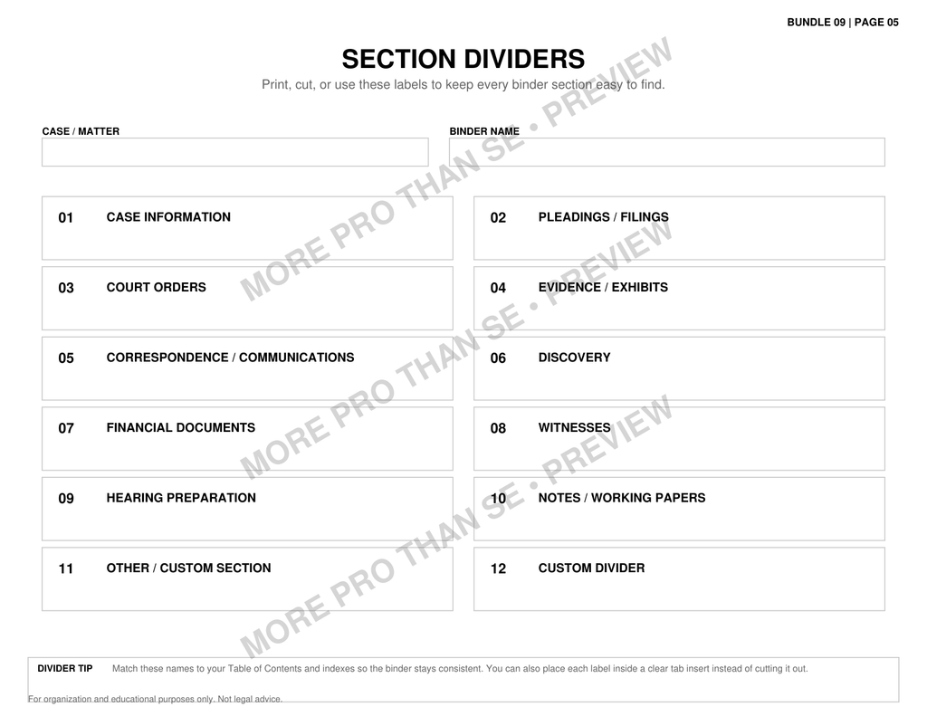 Watermarked Section Dividers worksheet preview from Build Your Court Binder