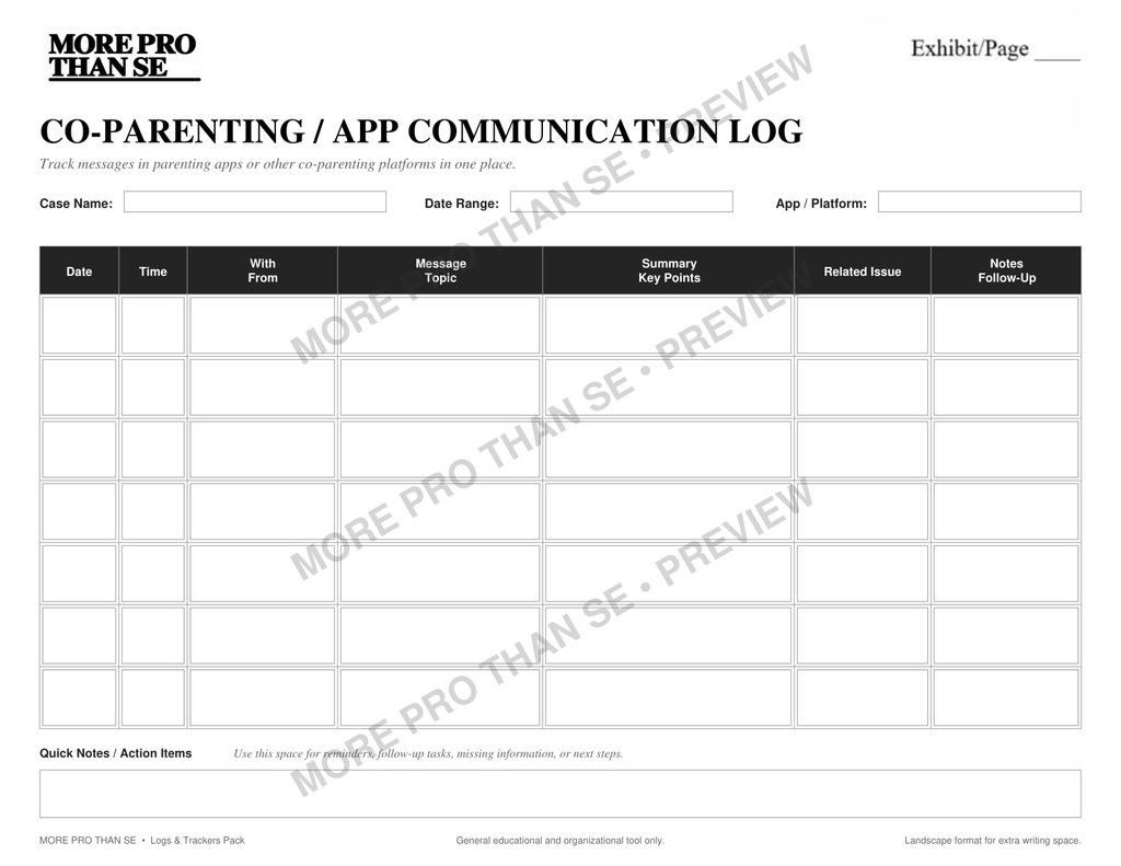 Watermarked Co-Parenting App Communication Log preview from Logs and Trackers