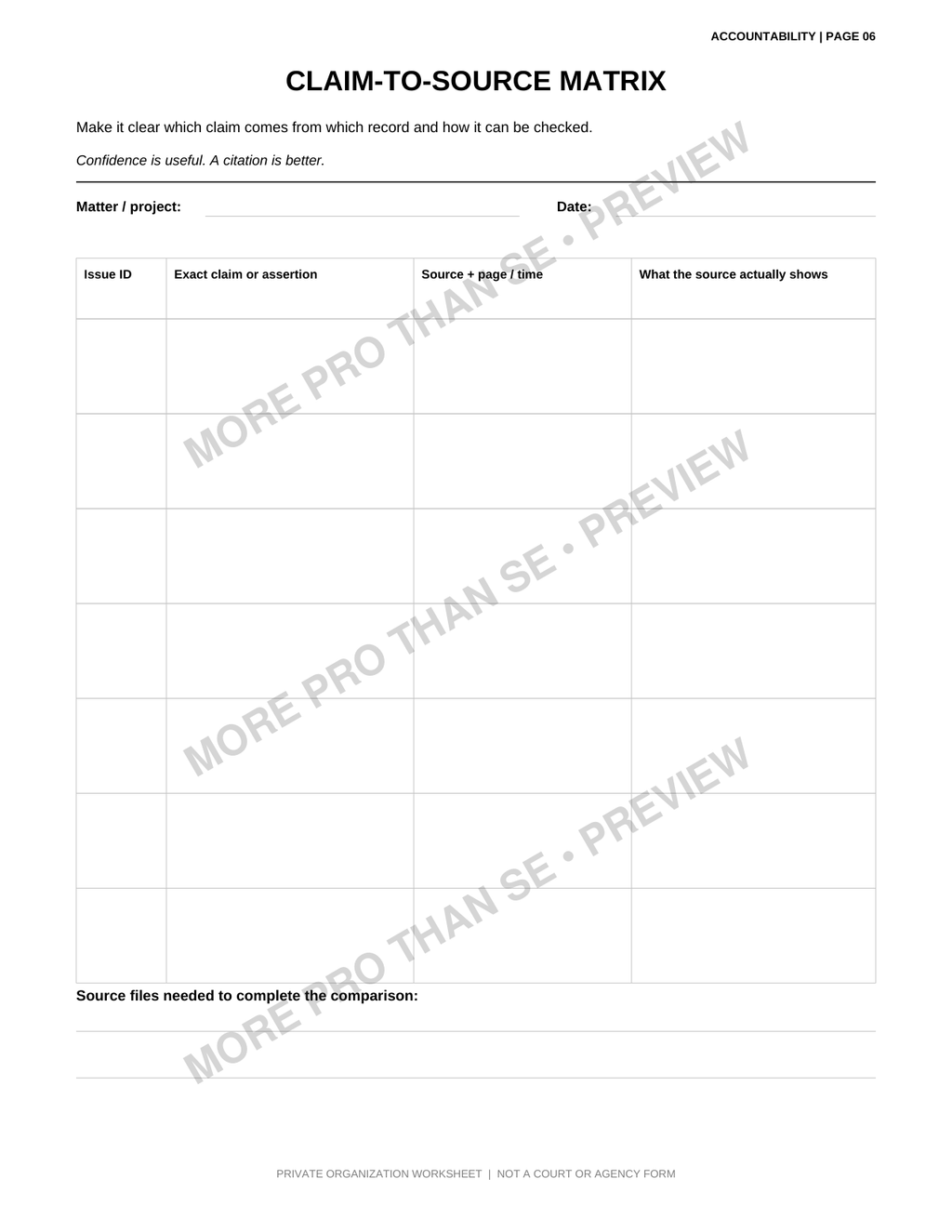Watermarked Claim-to-Source Matrix worksheet preview from the Accountability Pack