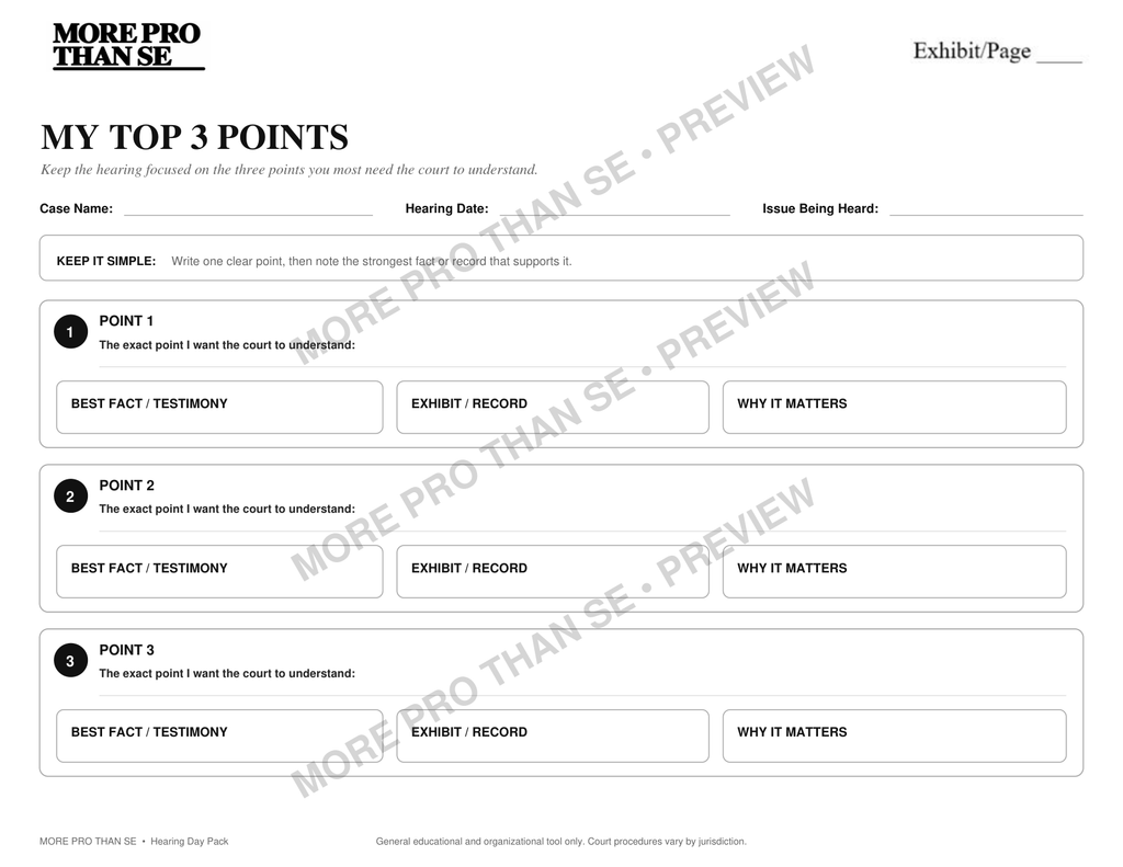 Watermarked My Top 3 Points worksheet preview from Hearing Day