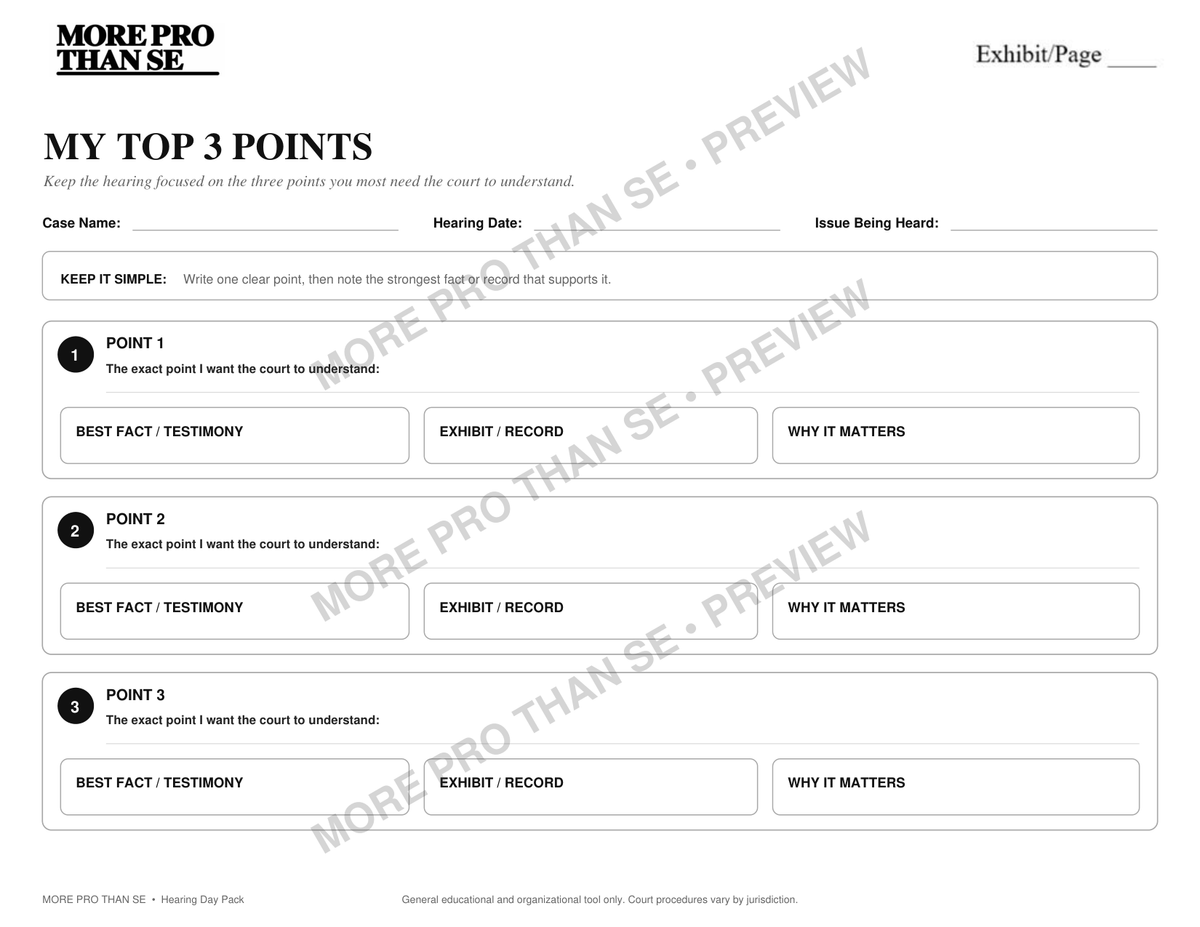 Watermarked My Top 3 Points worksheet preview from Hearing Day