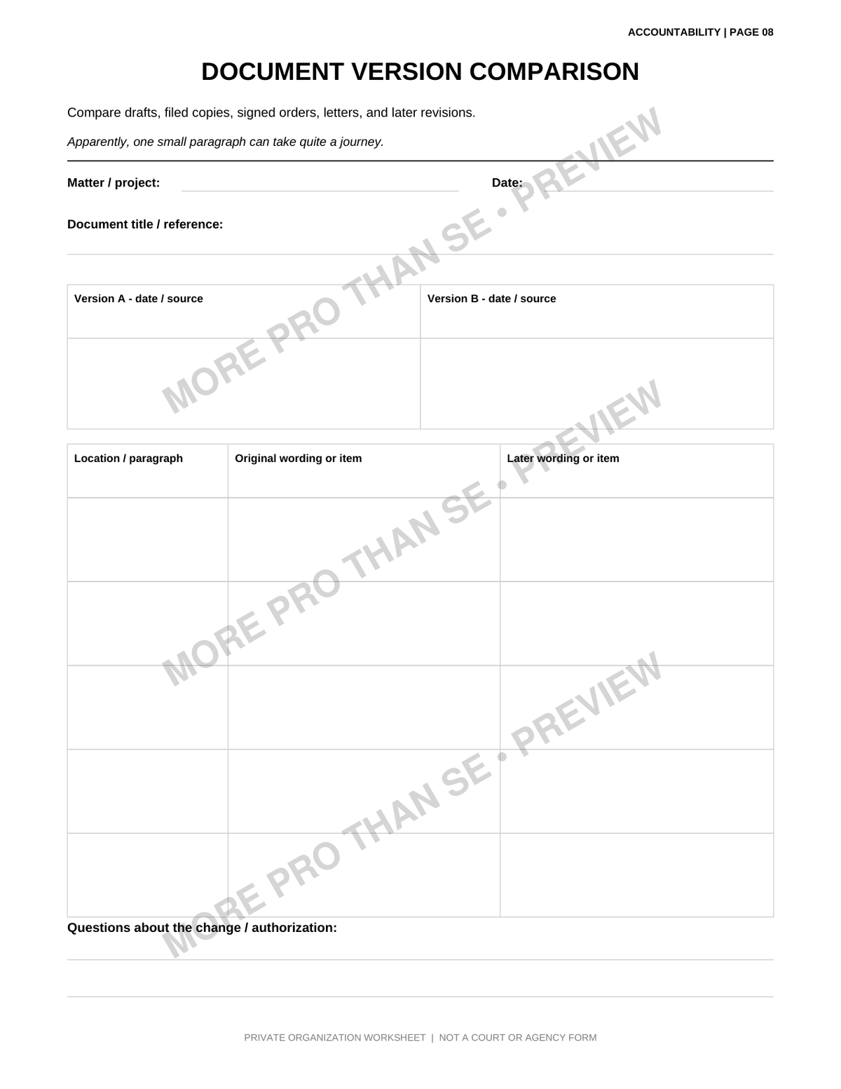 Watermarked Document Version Comparison worksheet preview from the Accountability Pack