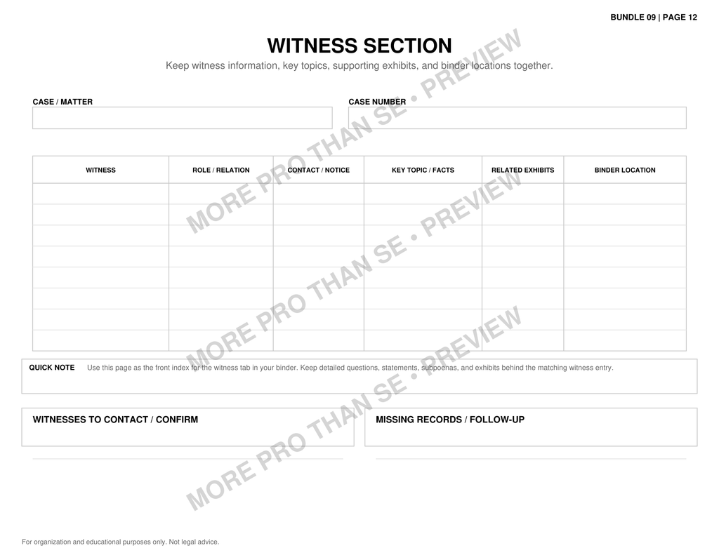 Watermarked Witness Section worksheet preview from Build Your Court Binder