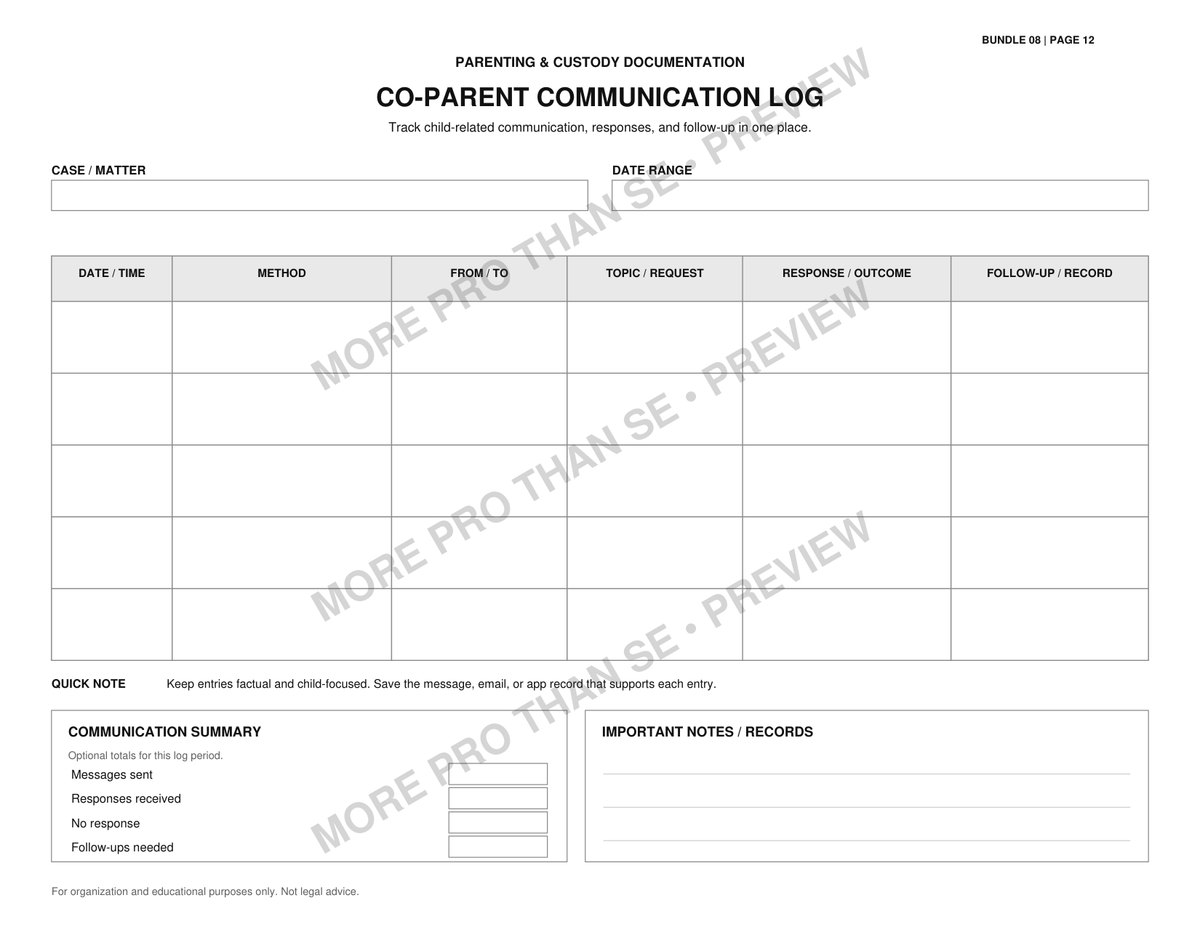 Watermarked Co-Parent Communication Log worksheet preview from Bundle 8