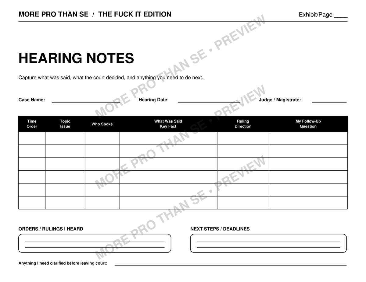 Watermarked Hearing Notes worksheet preview from Hearing Day