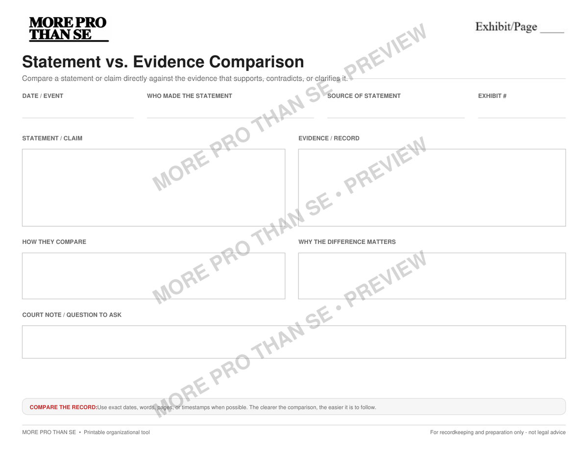 Watermarked Statement versus Evidence Comparison worksheet preview from Evidence and Receipts