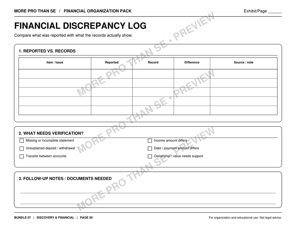 Watermarked Financial Discrepancy Log worksheet preview from Bundle 7