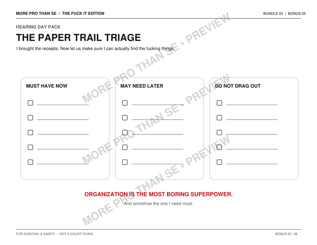 Watermarked Paper Trail Triage bonus page preview from Hearing Day Fuck It Edition