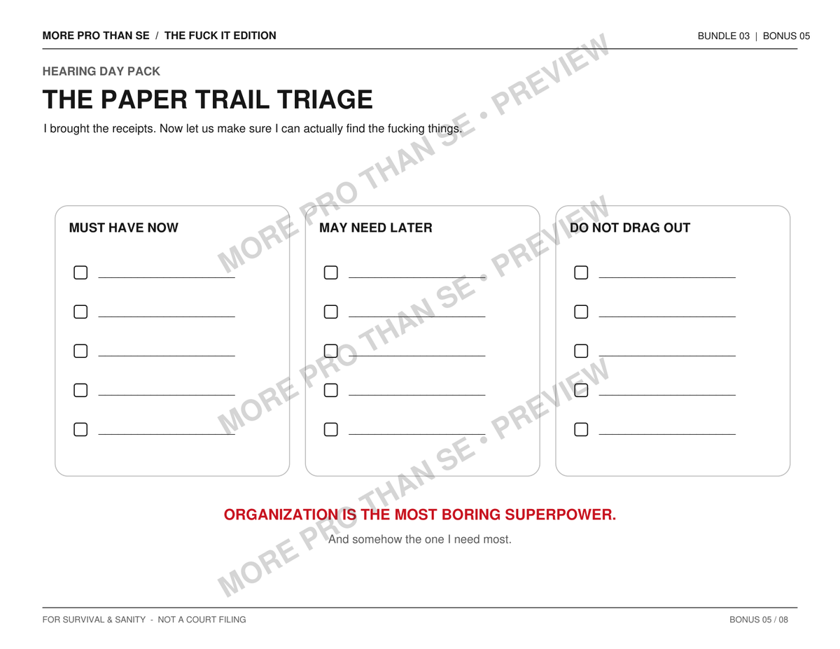 Watermarked Paper Trail Triage bonus page preview from Hearing Day Fuck It Edition