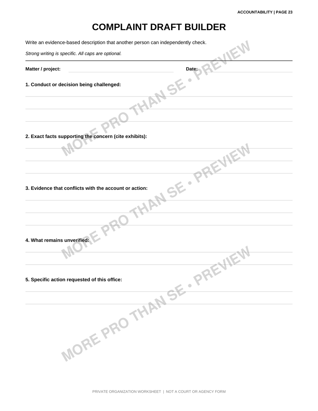 Watermarked Complaint Draft Builder worksheet preview from the Accountability Pack