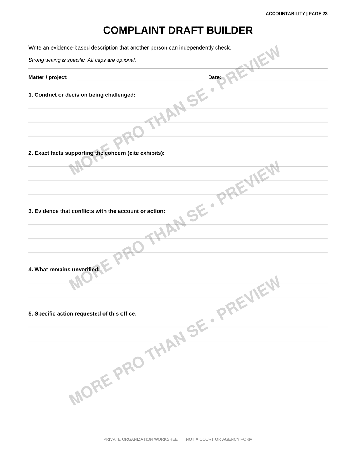 Watermarked Complaint Draft Builder worksheet preview from the Accountability Pack
