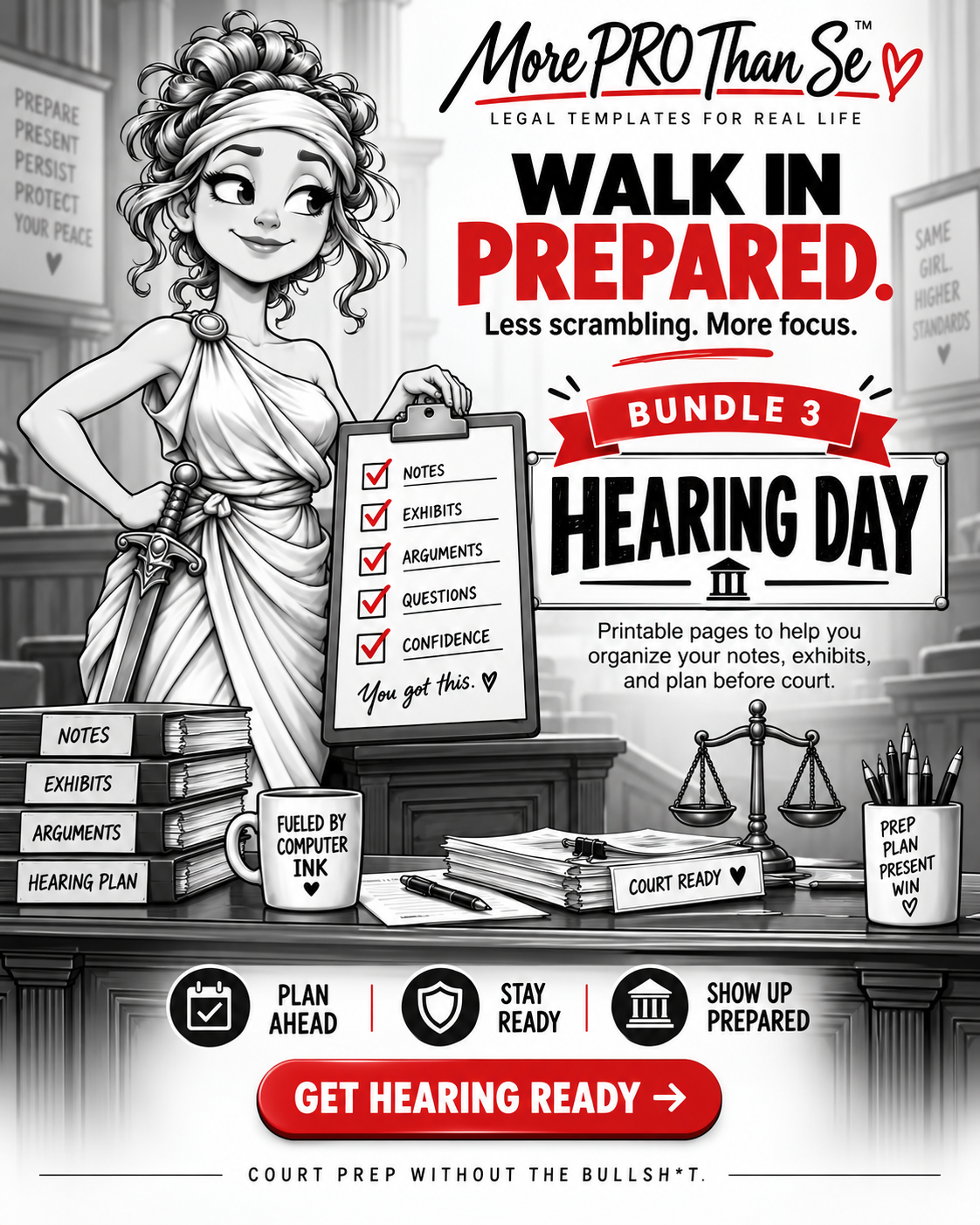 More PRO Than Se Bundle 3 Hearing Day cover with Walk In Prepared headline and an illustrated woman holding a court preparation checklist.