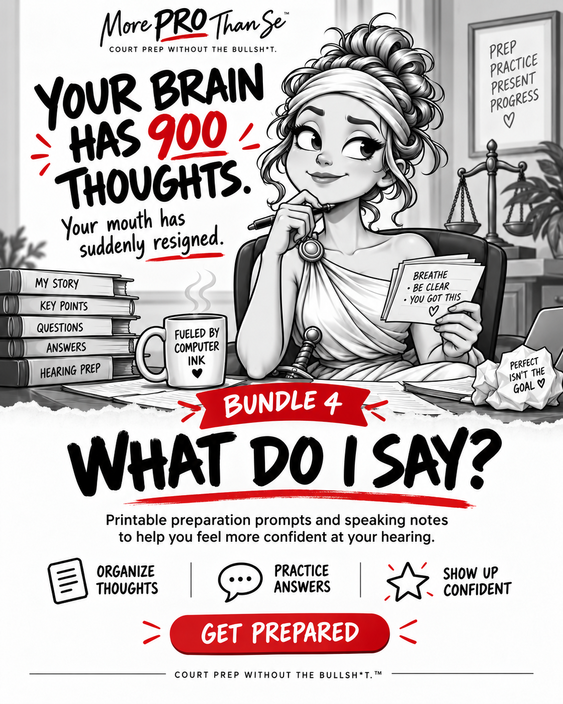 More PRO Than Se Bundle 4 What Do I Say cover with an illustrated woman holding speaking notes and the headline Your Brain Has 900 Thoughts.