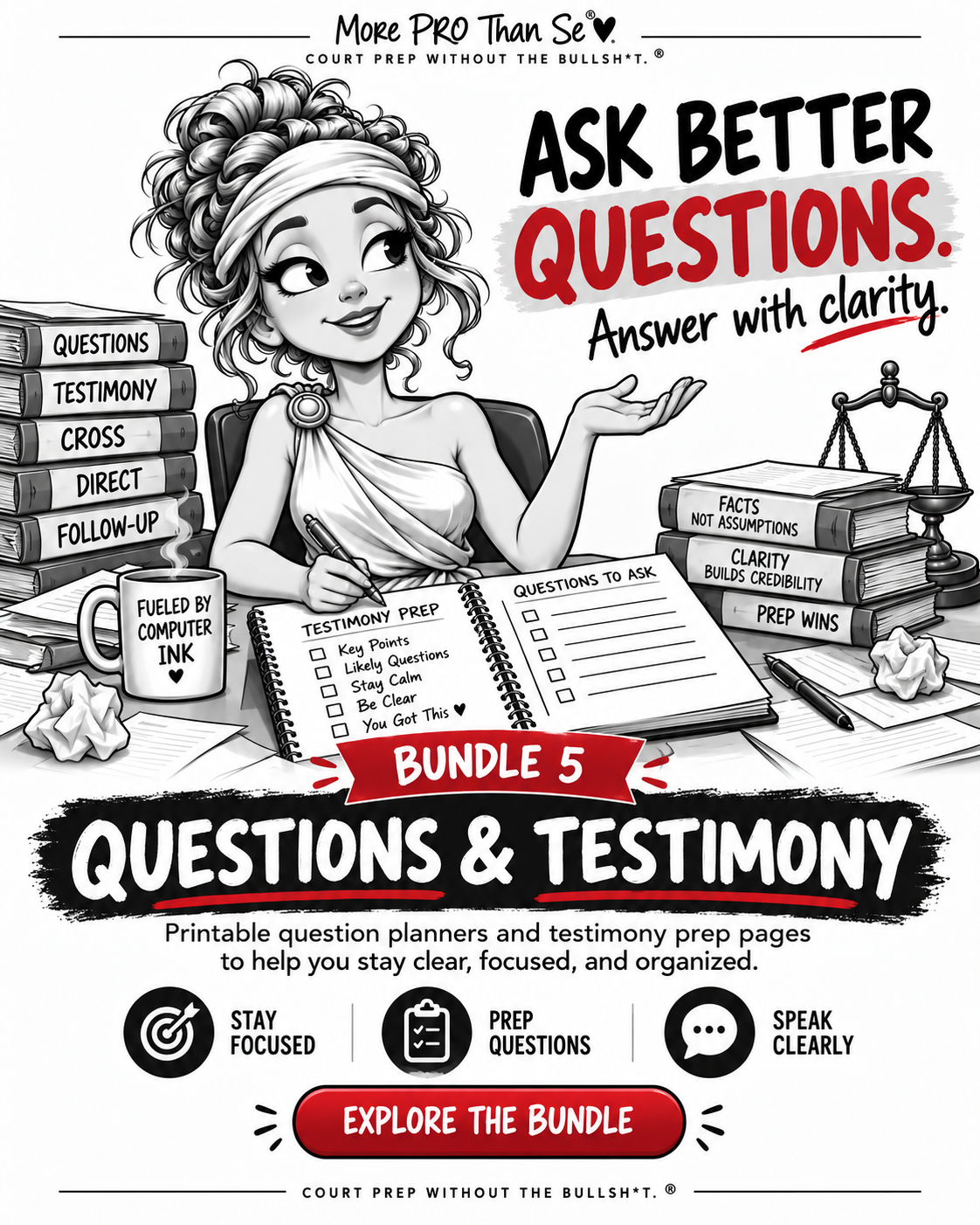 More PRO Than Se Bundle 5 Questions & Testimony cover with the headline Ask Better Questions. Answer with clarity.