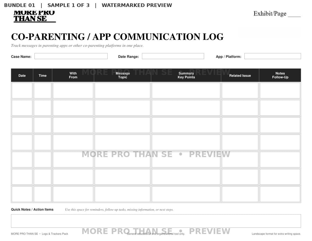 Watermarked Co-Parenting / App Communication Log preview