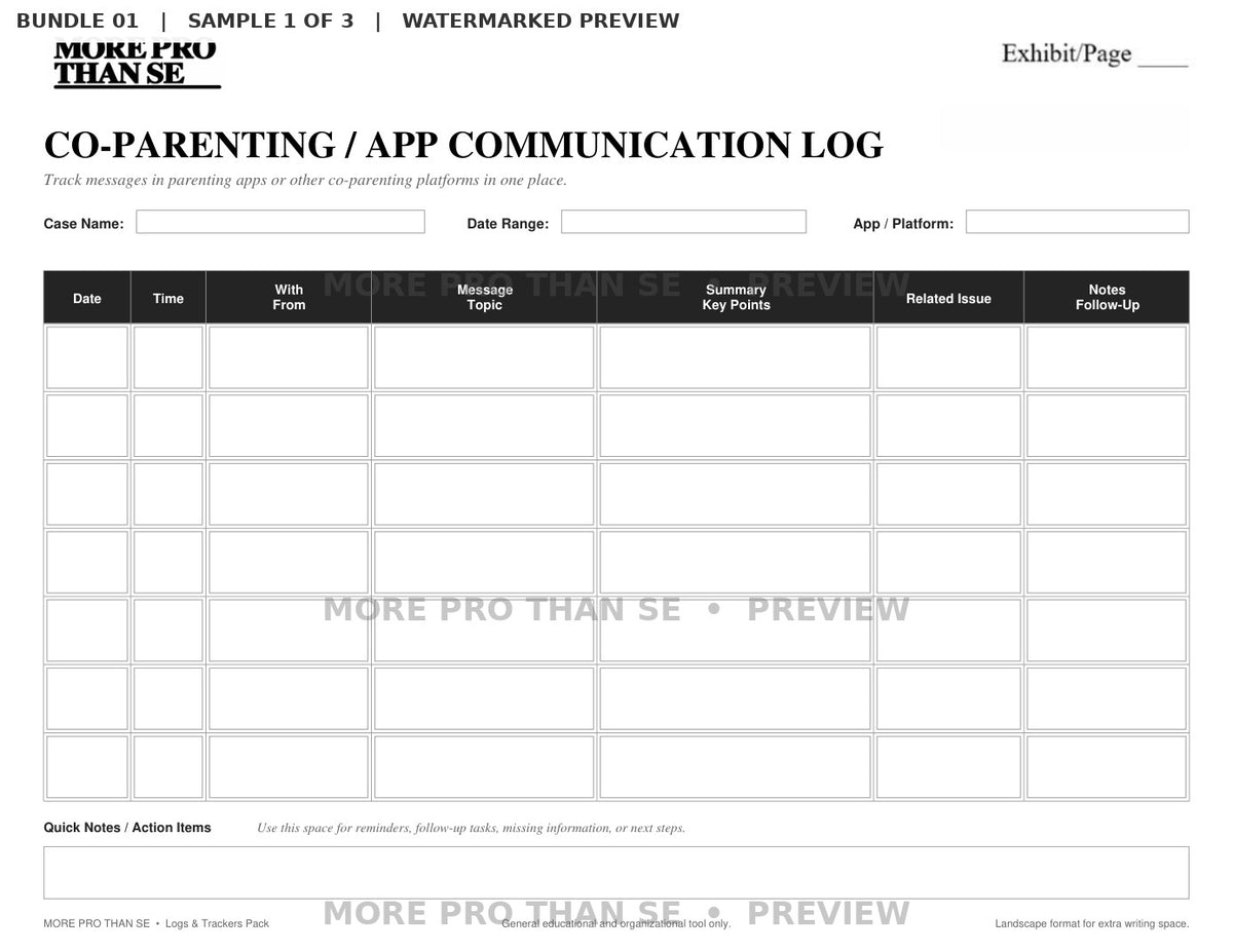 Watermarked Co-Parenting / App Communication Log preview