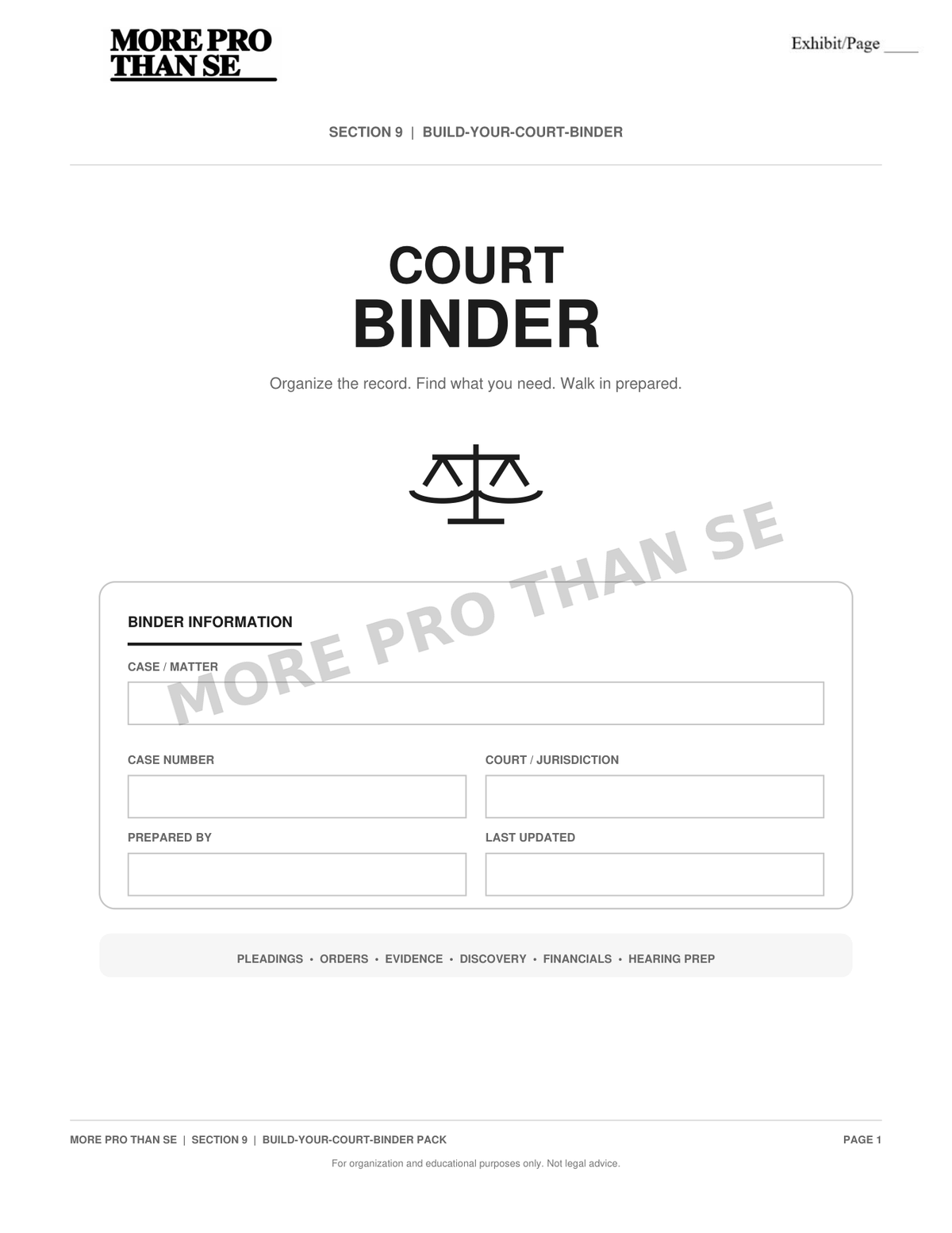 Build Your Court Binder sample preview, one subtle More PRO Than Se watermark
