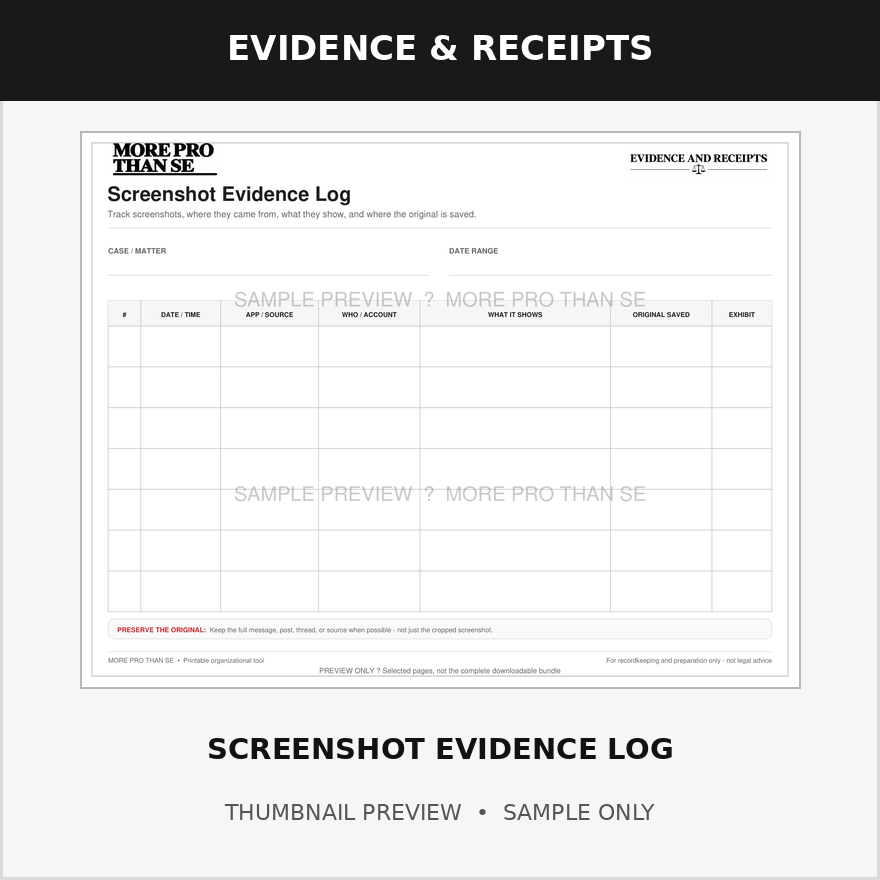 Screenshot Evidence Log — watermarked sample thumbnail