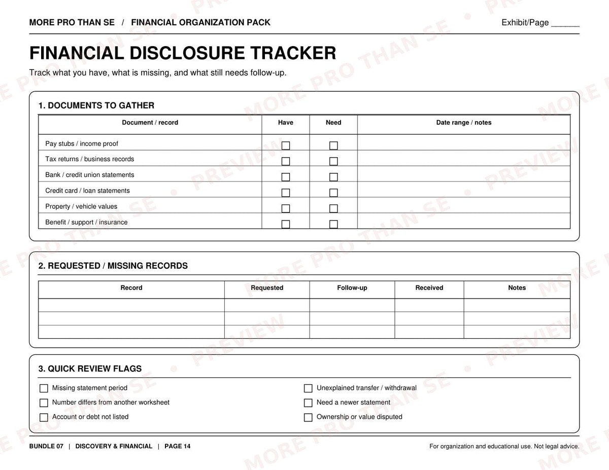 Watermarked preview of Discovery & Financial printable worksheet; clean digital PDF delivered after purchase.