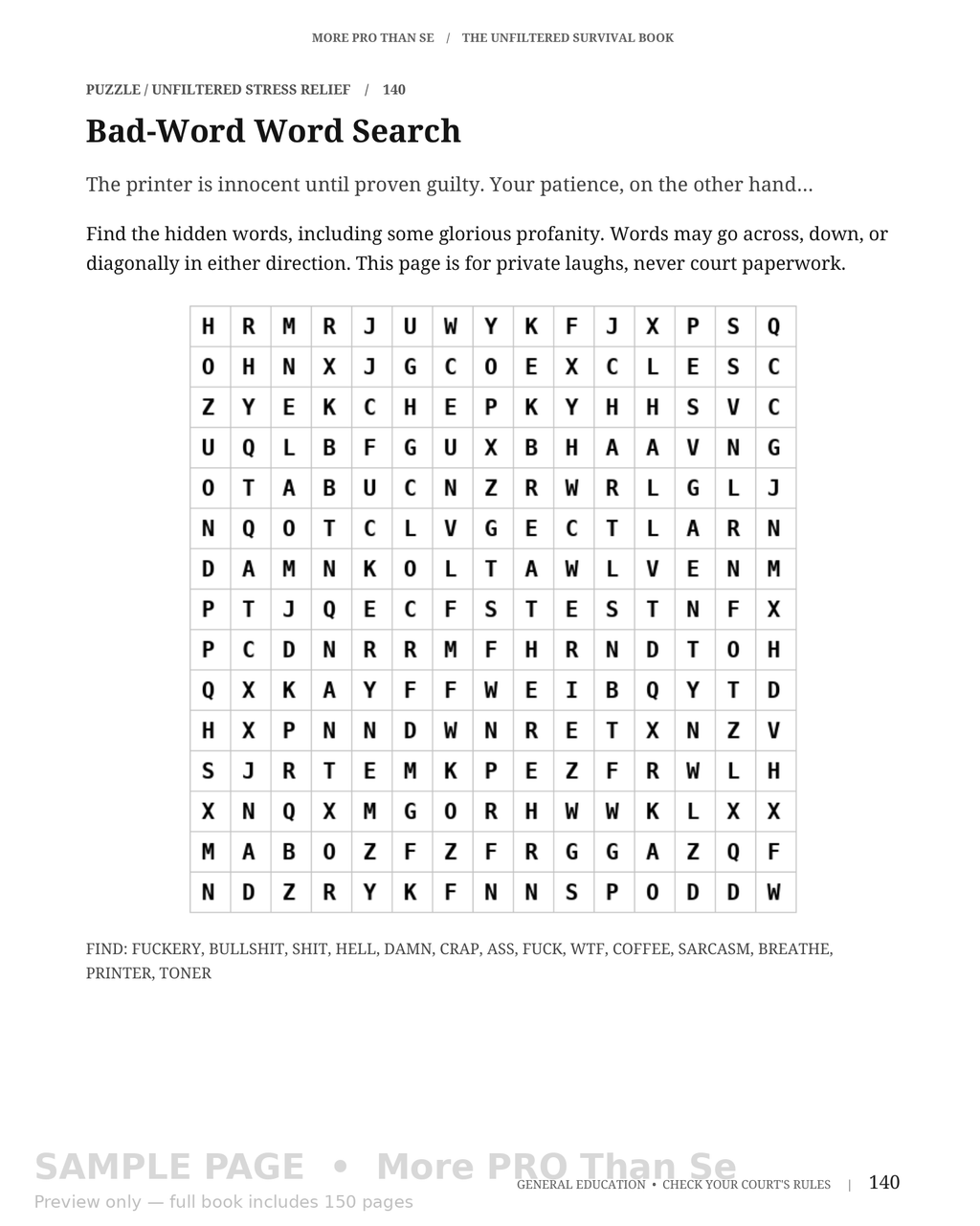 Look inside page 140: Bad-Word Word Search — readable watermarked sample.